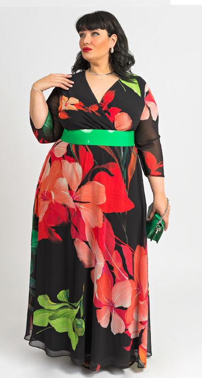 Vestido de mujer curvy negro flores naranja